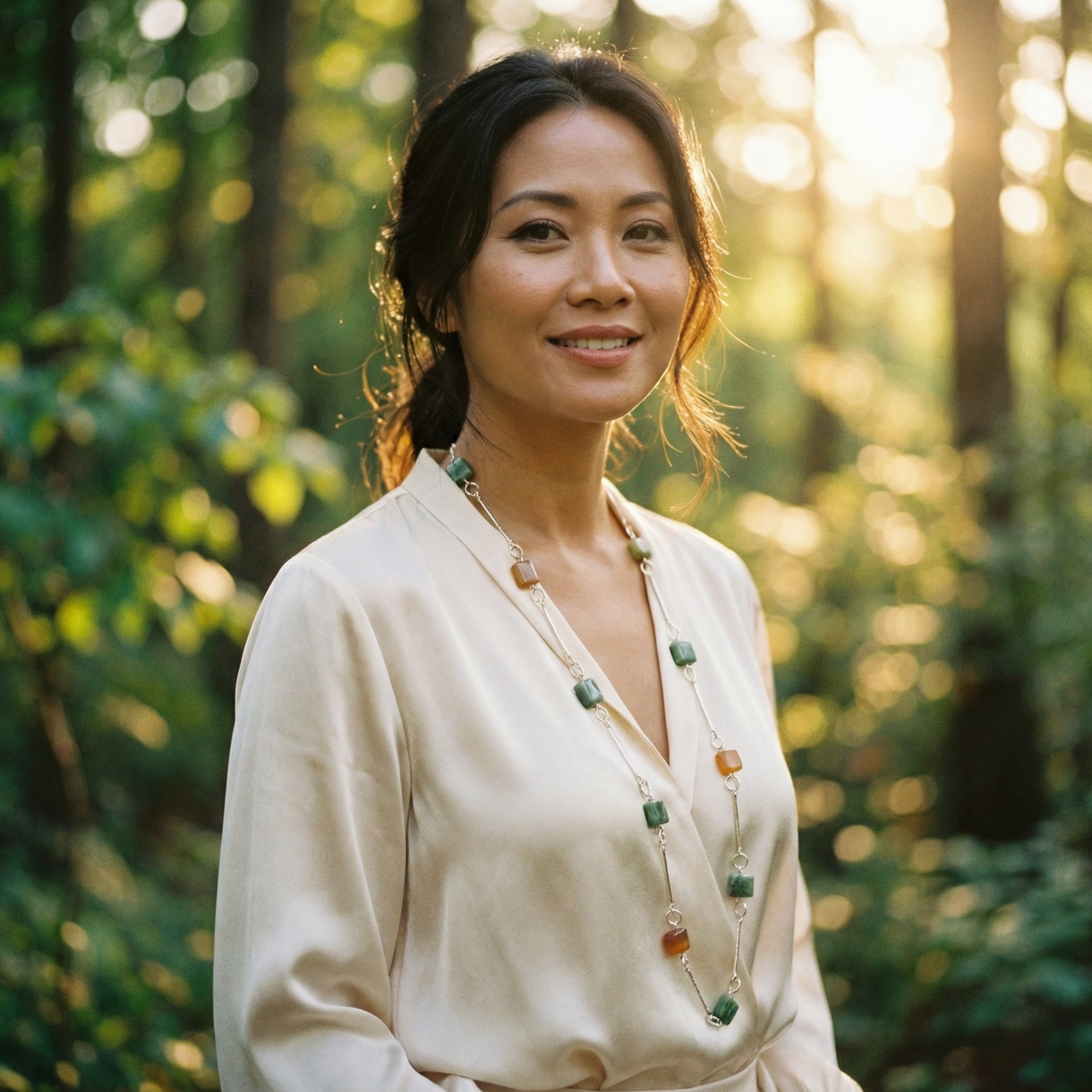 woman wearing a silver and jade necklace