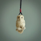 A traditional Owl design carving, hand made for us from deer antler, bone. This is a work of art and is a collectable piece of traditional bone carving. It can be worn as a special piece of jewellery or displayed. This is art made to wear at its finest.