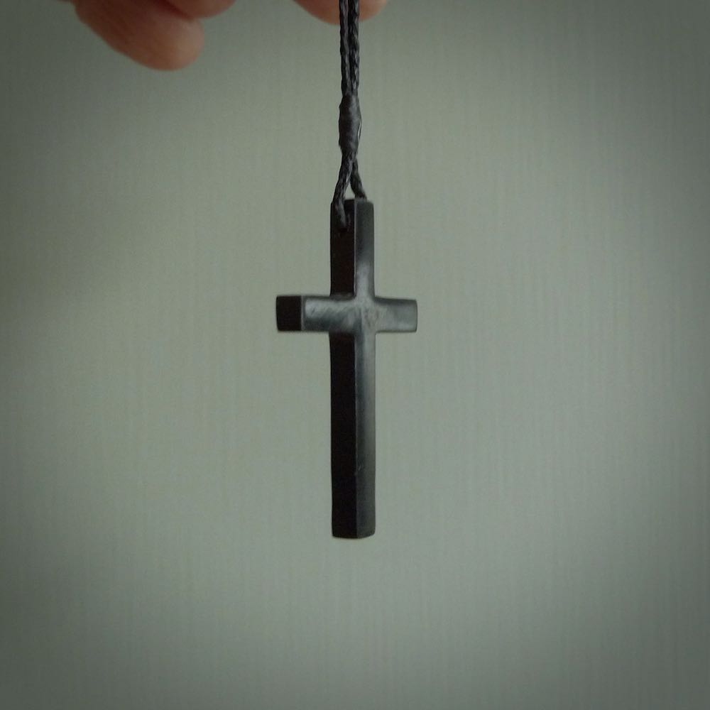 Black jade christian cross pendant. Hand carved in New Zealand.