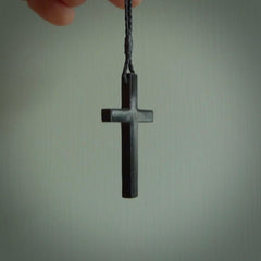 Black jade christian cross pendant. Hand carved in New Zealand.