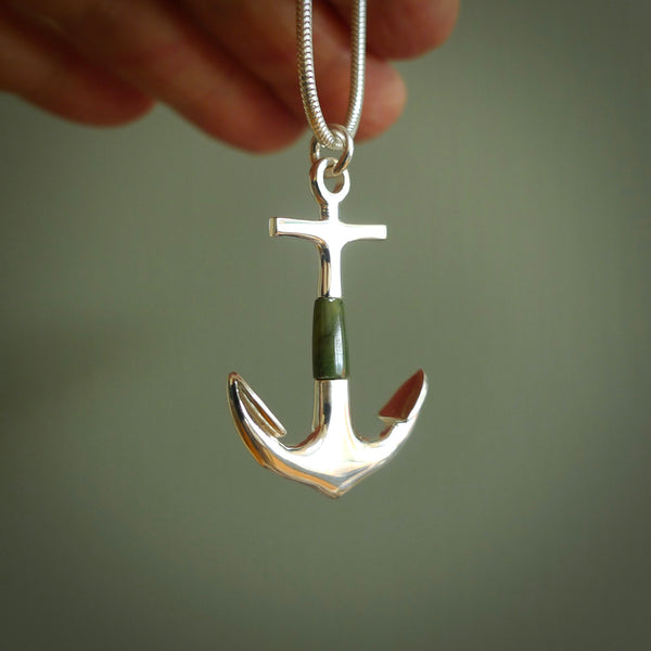 New Zealand Jade Stone with Sterling Silver anchor pendant. Handmade jade and silver jewellery made by NZ Pacific and for sale online. Jade stone with Sterling Silver anchor pendant for men and women. Unique art to wear from NZ Pacific.