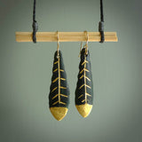 These leaf earrings are beautifully hand made with gorgeous flair. They are fashionable and perfect for a women with style. Hand carved from a gorgeous piece of New Zealand Marsden jade with Gold leaf inlay and gold plated hooks - they are elegant and beautiful.