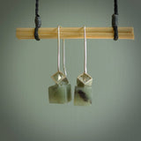 These modern square, cube,  jade drop earrings are beautifully hand made with gorgeous flair and chic design. They are fashionable and perfect for a women with style. Hand carved from a gorgeous piece of New Zealand Marsden jade with sterling silver hooks - they are elegant and beautiful.