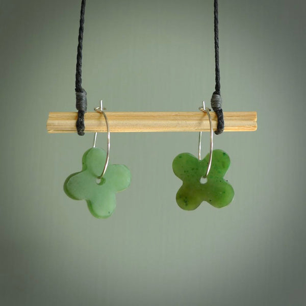 Four leaf jade drop earrings, beautifully hand made with gorgeous flair and chic design. They are fashionable and perfect for a women with style. Hand carved from a gorgeous piece of New Zealand Marsden jade with sterling silver hoops - they are unique and beautiful.
