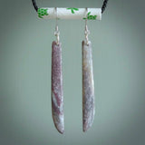 Hand carved New Zealand Rhodonite Stone drop earrings hand made by Alex Sands Studio. Small sized pink drop earrings. Real New Zealand Rhodonite Stone art to wear. Free Shipping worldwide.