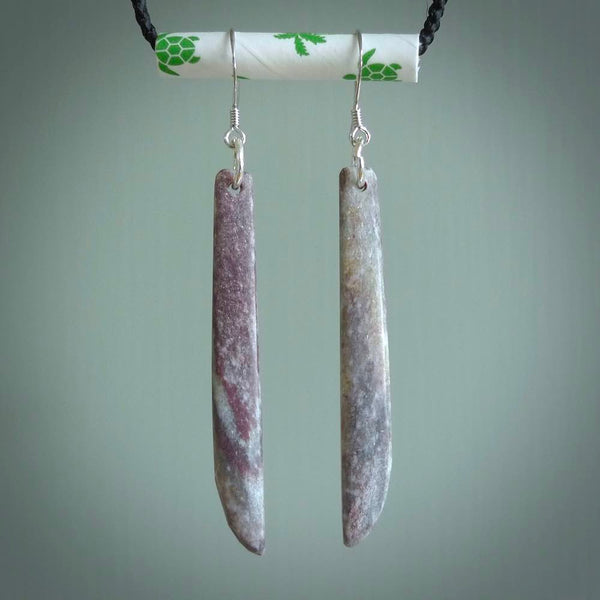 Hand carved New Zealand Rhodonite Stone drop earrings hand made by Alex Sands Studio. Small sized pink drop earrings. Real New Zealand Rhodonite Stone art to wear. Free Shipping worldwide.