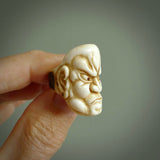 Hand carved Ni-Oh mask ring. Made from Red Deer antler in New Zealand. Unique Ni-Oh Mask ring hand made from deer antler by master bone carver Fumio Noguchi. Spectacular collectable work of art, made to wear. One only ring, delivered to you at no extra cost with express courier.