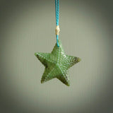 This pendant is delightful. It is a very realistic looking green jade starfish that we have handcarved from a player green piece of stone. We provide this with a hand plaited dark (Maui) blue cord, or with our beautifully coloured Maui Blue cord. The cords are length adjustable so one size will fit everyone. Shipping is free anywhere in the world.