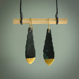 These leaf earrings are beautifully hand made with gorgeous flair. They are fashionable and perfect for a women with style. Hand carved from a gorgeous piece of New Zealand Marsden jade with Gold leaf inlay and gold plated hooks - they are elegant and beautiful.