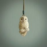 A traditional Owl design carving, hand made for us from deer antler, bone. This is a work of art and is a collectable piece of traditional bone carving. It can be worn as a special piece of jewellery or displayed. This is art made to wear at its finest.