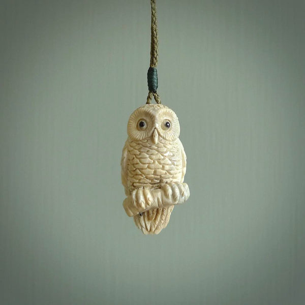 A traditional Owl design carving, hand made for us from deer antler, bone. This is a work of art and is a collectable piece of traditional bone carving. It can be worn as a special piece of jewellery or displayed. This is art made to wear at its finest.