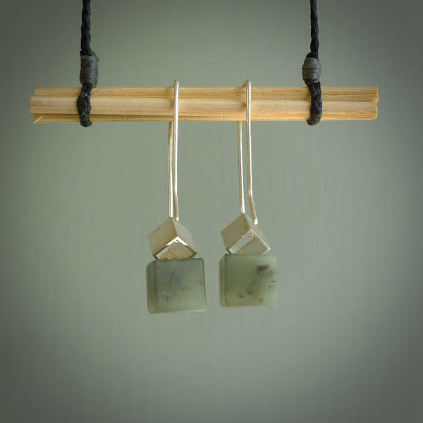 These modern square, cube,  jade drop earrings are beautifully hand made with gorgeous flair and chic design. They are fashionable and perfect for a women with style. Hand carved from a gorgeous piece of New Zealand Marsden jade with sterling silver hooks - they are elegant and beautiful.