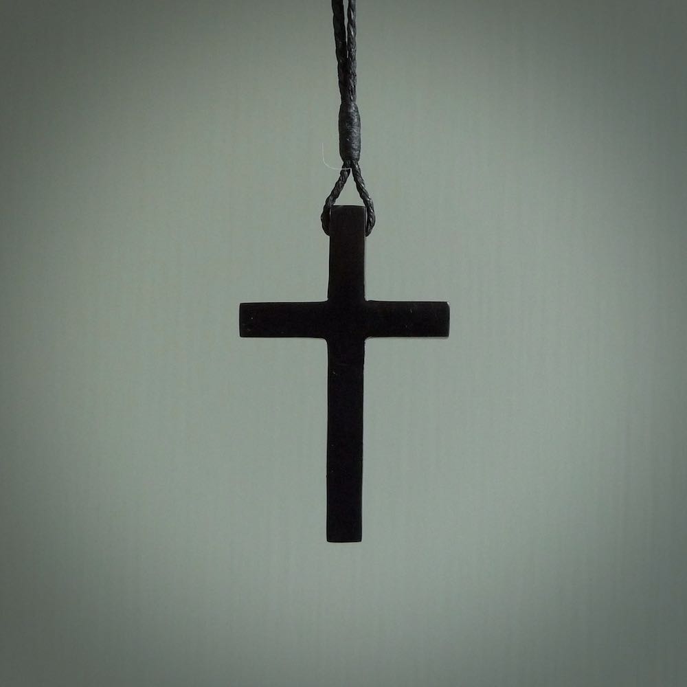 Black jade christian cross pendant. Hand carved in New Zealand.