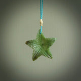 This pendant is delightful. It is a very realistic looking green jade starfish that we have handcarved from a player green piece of stone. We provide this with a hand plaited dark (Maui) blue cord, or with our beautifully coloured Maui Blue cord. The cords are length adjustable so one size will fit everyone. Shipping is free anywhere in the world.