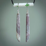 Hand carved New Zealand Rhodonite Stone drop earrings hand made by Alex Sands Studio. Small sized pink drop earrings. Real New Zealand Rhodonite Stone art to wear. Free Shipping worldwide.