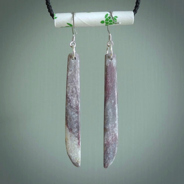 Hand carved New Zealand Rhodonite Stone drop earrings hand made by Alex Sands Studio. Small sized pink drop earrings. Real New Zealand Rhodonite Stone art to wear. Free Shipping worldwide.