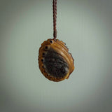 Hand carved deer antler Paua Shell Pendant. Made from Red Deer antler in New Zealand. Unique Pāua Shell necklace hand made from deer antler by master bone carver Fumio Noguchi. Spectacular collectable work of art, made to wear. One only pendant, delivered to you at no extra cost with express courier.