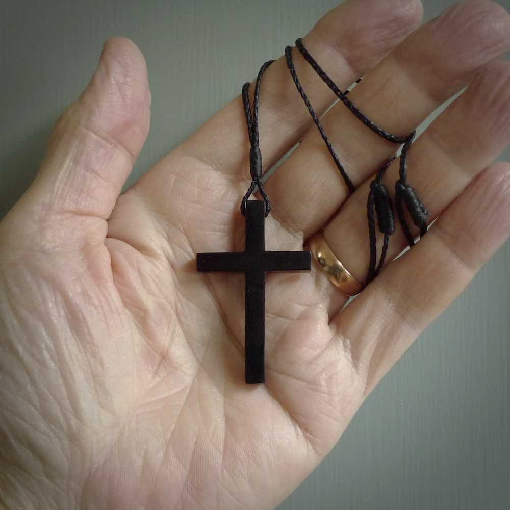 Black jade christian cross pendant. Hand carved in New Zealand.