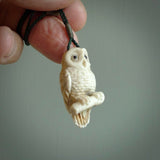 A traditional Owl design carving, hand made for us from deer antler, bone. This is a work of art and is a collectable piece of traditional bone carving. It can be worn as a special piece of jewellery or displayed. This is art made to wear at its finest.