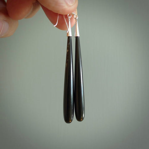 Hand carved Black Jade&nbsp;Earrings. Made by NZ Pacific and for sale online. Exotic, Hand made Jewellery made in New Zealand.