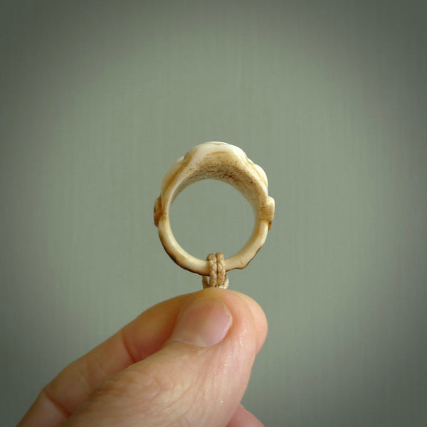 Hand carved Ni-Oh mask ring. Made from Red Deer antler in New Zealand. Unique Ni-Oh Mask ring hand made from deer antler by master bone carver Fumio Noguchi. Spectacular collectable work of art, made to wear. One only ring, delivered to you at no extra cost with express courier.