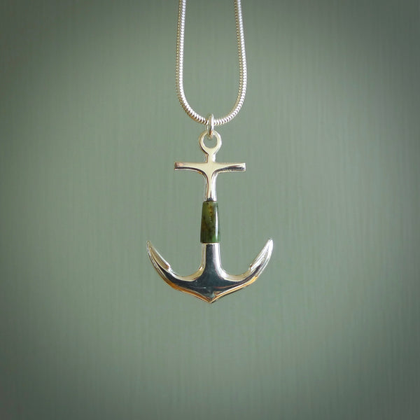 New Zealand Jade Stone with Sterling Silver anchor pendant. Handmade jade and silver jewellery made by NZ Pacific and for sale online. Jade stone with Sterling Silver anchor pendant for men and women. Unique art to wear from NZ Pacific.