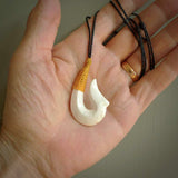 Hand carved white onyx pendant. Hook, matau pendant hand made in New Zealand. NZ Pacific jewellery for sale online.