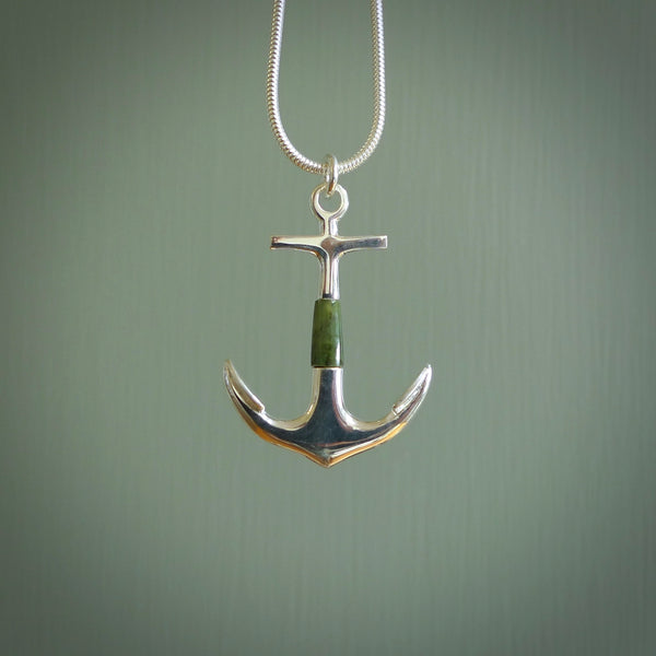 New Zealand Jade Stone with Sterling Silver anchor pendant. Handmade jade and silver jewellery made by NZ Pacific and for sale online. Jade stone with Sterling Silver anchor pendant for men and women. Unique art to wear from NZ Pacific.