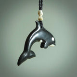 Hand carved black jade Orca pendant. Ocean themed pendants hand carved from natural materials by NZ Pacific. Unique handmade jewellery.