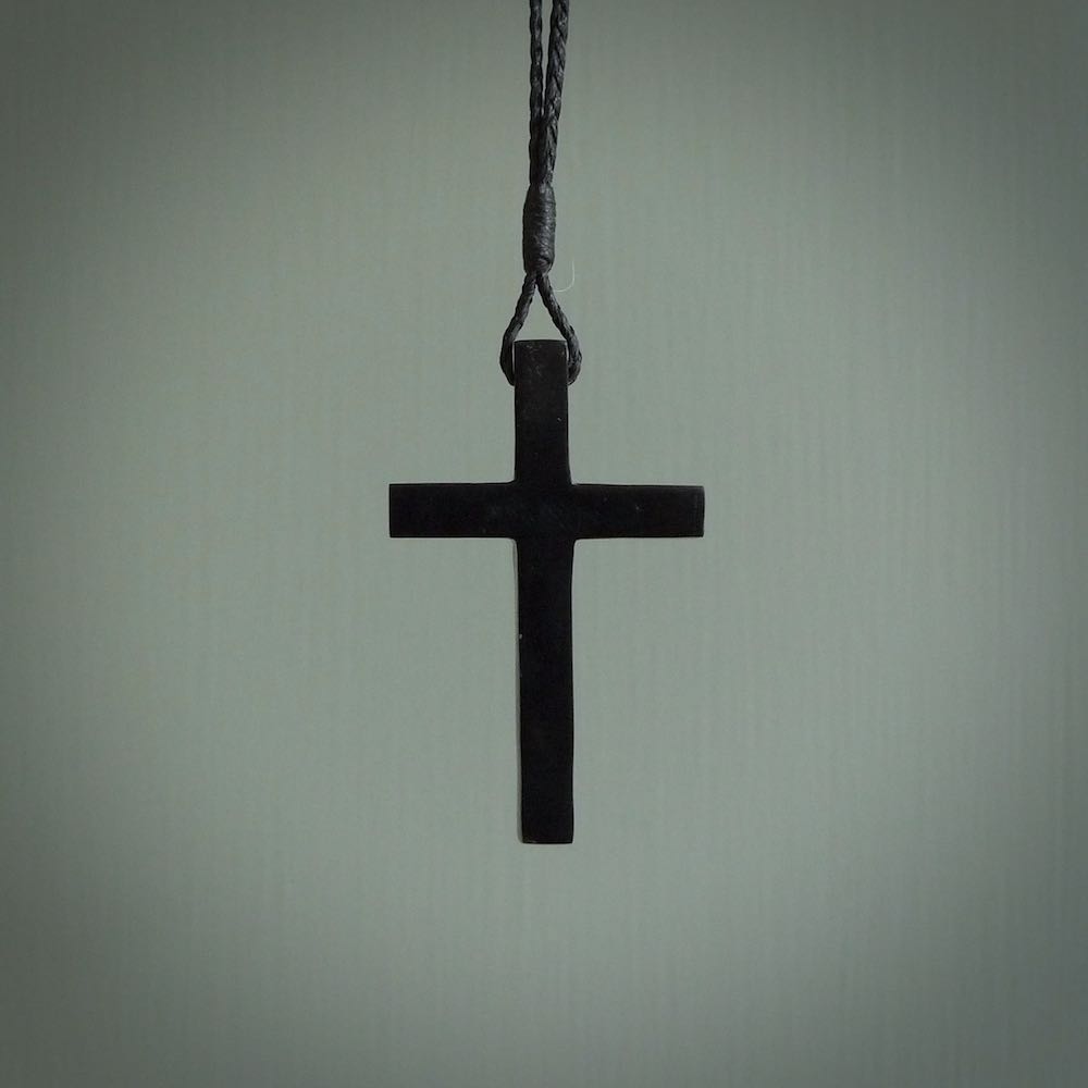 Black jade christian cross pendant. Hand carved in New Zealand.