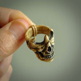 Hand carved broken skull ring. Made from Red Deer antler in New Zealand. Unique broken skull ring hand made from deer antler by master bone carver Fumio Noguchi. Spectacular collectable work of art, made to wear. One only ring, delivered to you at no extra cost with express courier.