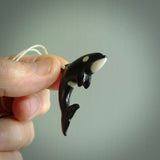 Hand carved black jade Orca pendant. Ocean themed pendants hand carved from natural materials by NZ Pacific. Unique handmade jewellery.