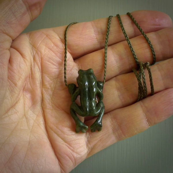 Hand carved frog pendant. Carved in nephrite jade by NZ Pacific. Real jade necklaces and pendants for sale online.