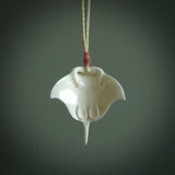 Hand carved bone manta ray pendant. Moana pendants carved by NZ Pacific. Hand made art to wear for sale online.