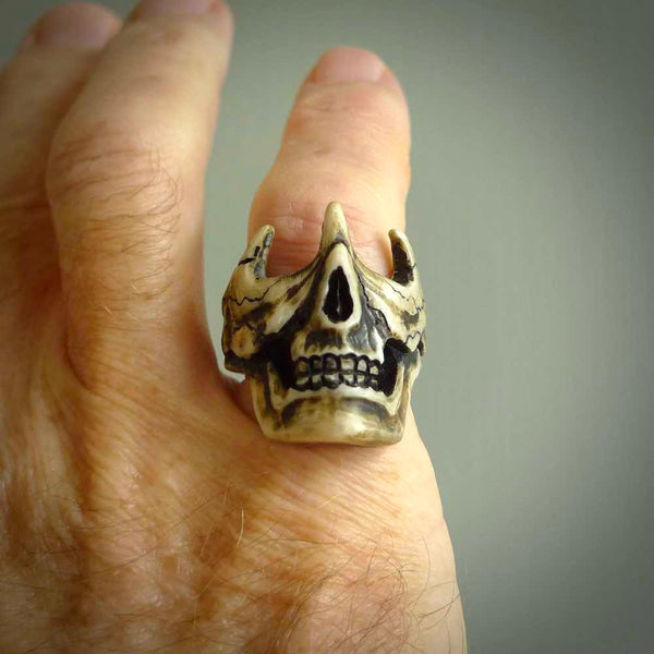 Hand carved broken skull ring. Made from Red Deer antler in New Zealand. Unique broken skull ring hand made from deer antler by master bone carver Fumio Noguchi. Spectacular collectable work of art, made to wear. One only ring, delivered to you at no extra cost with express courier.
