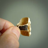 Hand carved Ni-Oh mask ring. Made from Red Deer antler in New Zealand. Unique Ni-Oh Mask ring hand made from deer antler by master bone carver Fumio Noguchi. Spectacular collectable work of art, made to wear. One only ring, delivered to you at no extra cost with express courier.