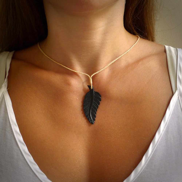 Hand carved black fern pendant. Handmade by NZ Pacific. Black fern necklace, jewellery from Australian black jade.