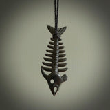 Hand carved Australian Black Jade fish skeleton pendant. Hand made black jade fish necklace. Fish themed jewellery. Ocean themed pendant. One only necklace provided with adjustable cord and free delivery.